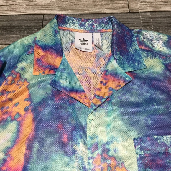 Adidas Mesh Jersey Button Up Shirt Men’s S Blue Tie Dye Embroidered Lightweight - Picture 7 of 10